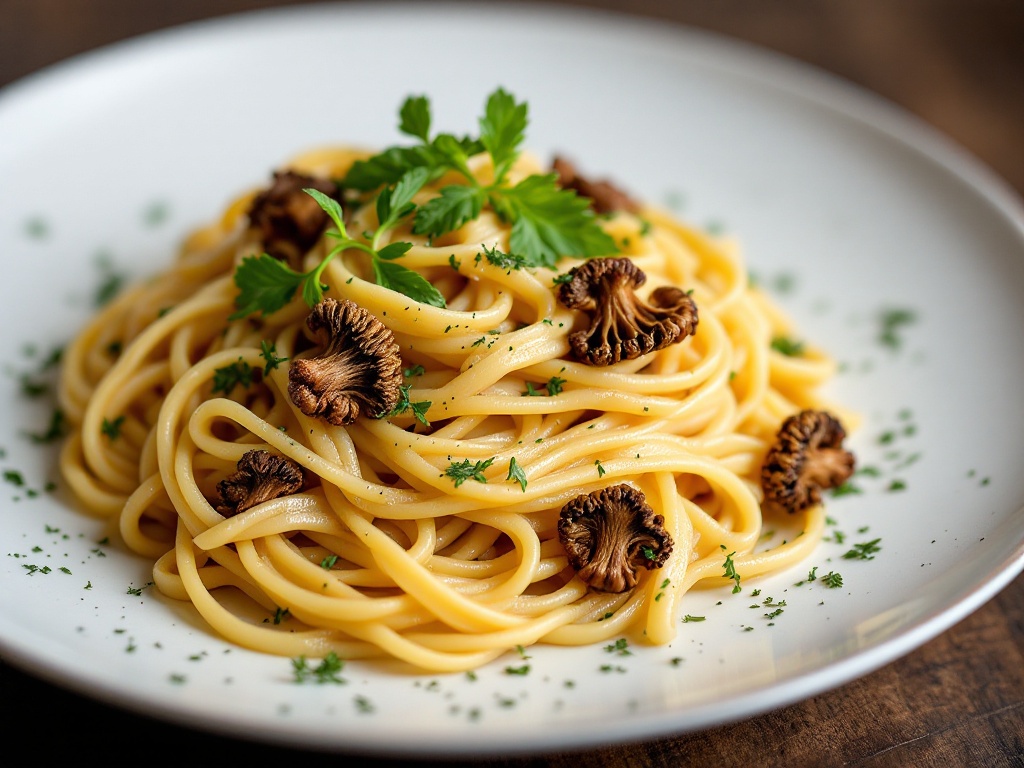 Plated pasta with chanterelles