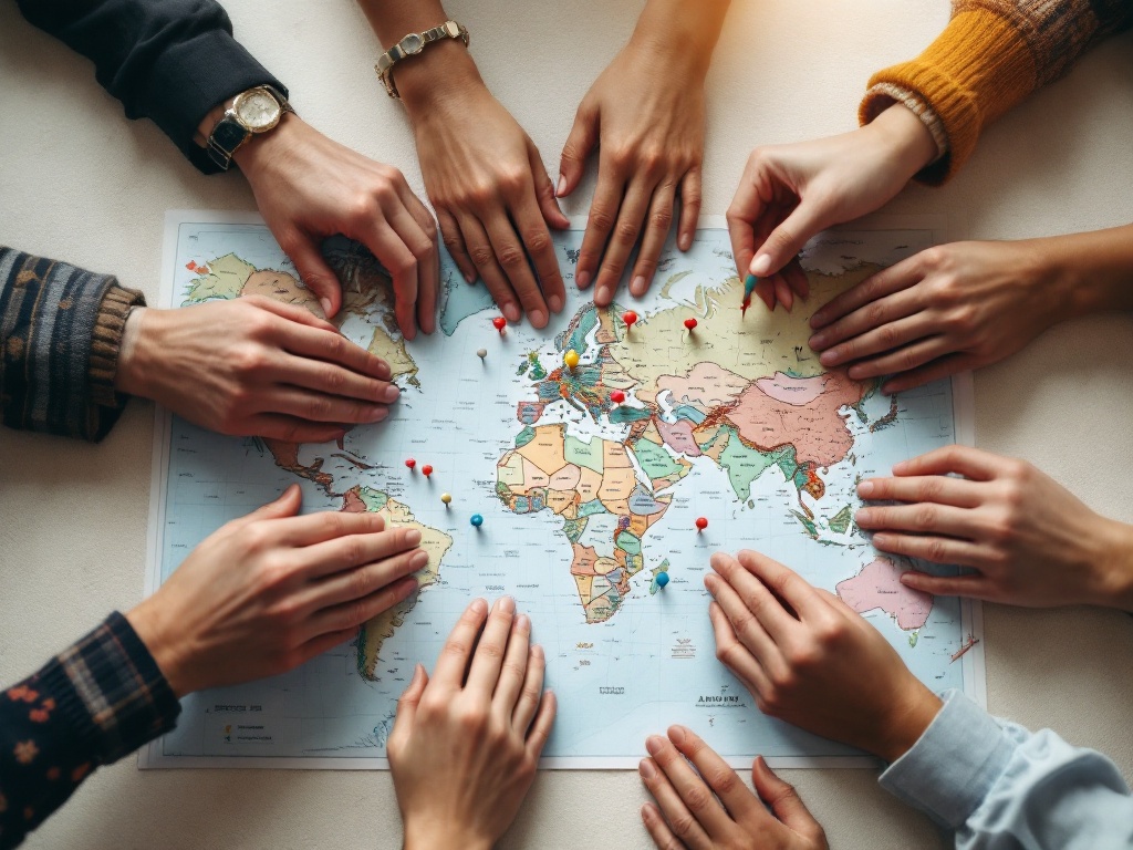 Hands around map with pins