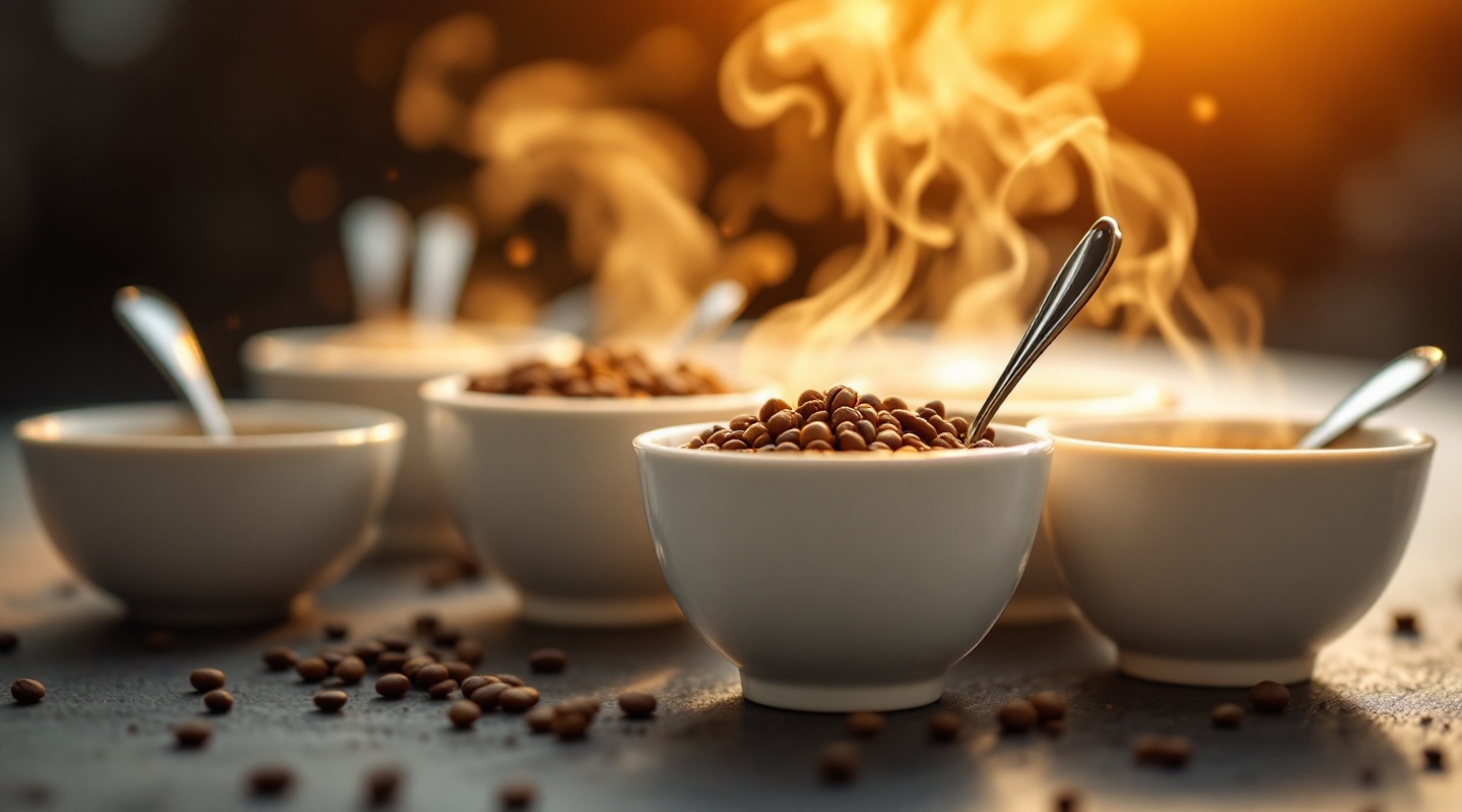 Row of cupping bowls with spoons and aroma rising