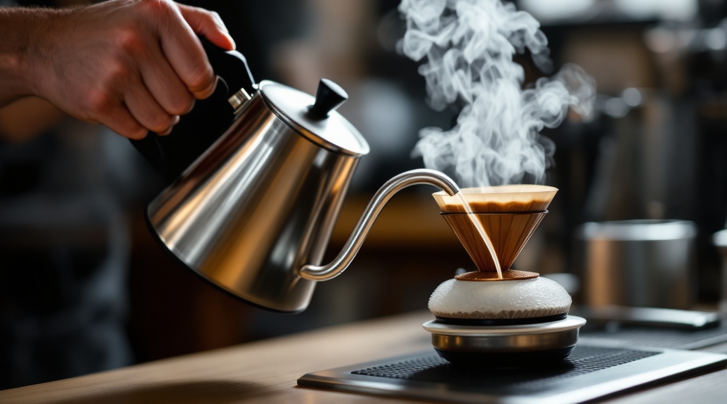 Gooseneck kettle pouring into dripper with steam