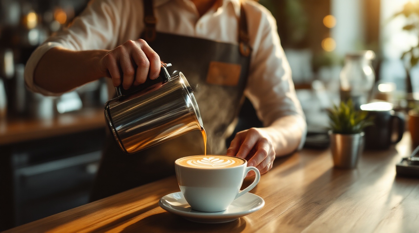 Barista pouring latte art at wooden bar with morning light
