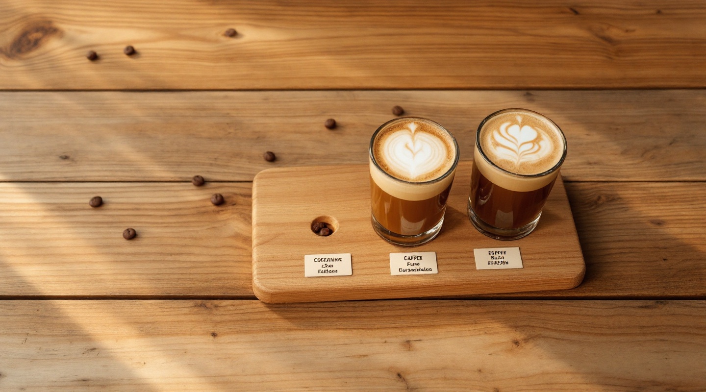 Latte flight on wooden board with tasting cards