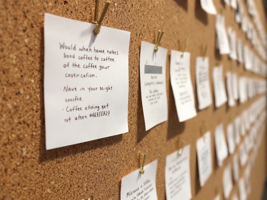Cork wall with pinned coffee tasting notes